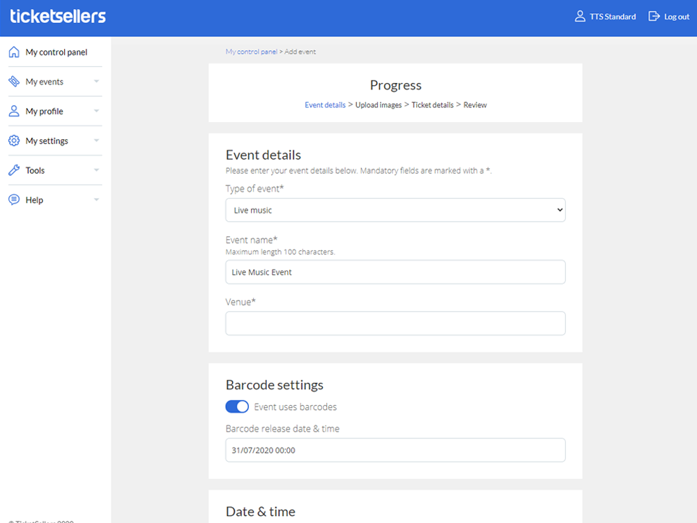 Screenshot of TicketSellers platform